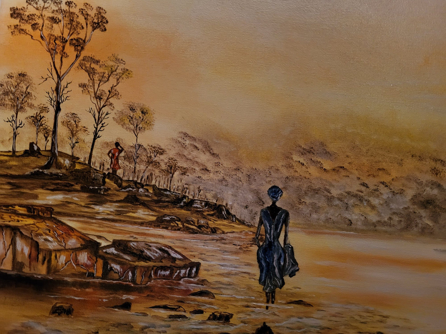 Pathway to Peace: Serene Oil Painting of a Girl Walking in a Village at Dusk