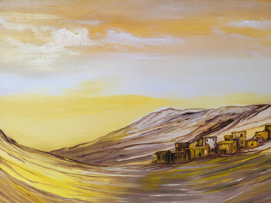 Earthy Echoes: Oil Painting of a Village Surrounded by Mountains in Brown Tones