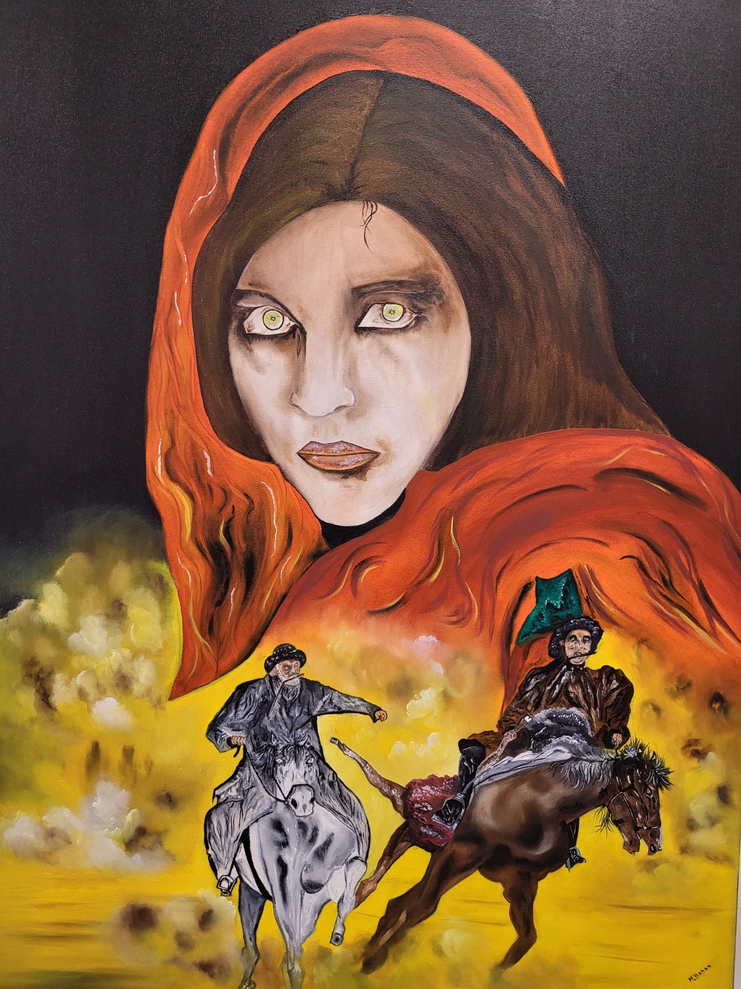 Veil of Courage: Oil Painting of Afghan Girl with Green Eyes and Horse Riders