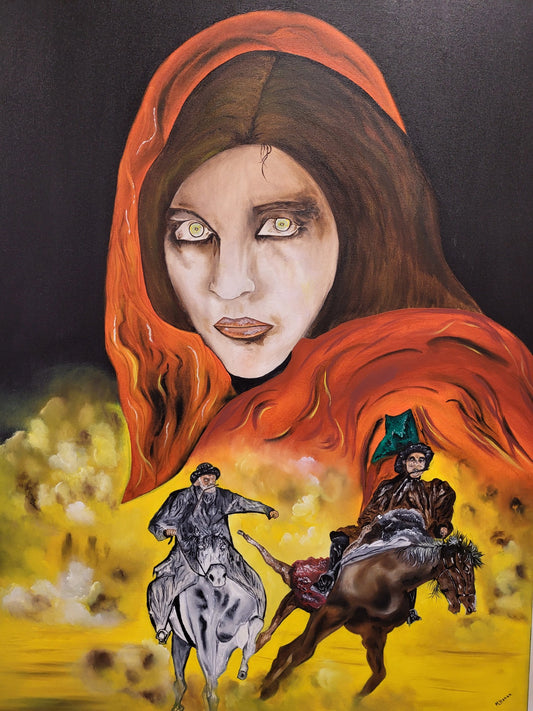 Veil of Courage: Oil Painting of Afghan Girl with Green Eyes and Horse Riders